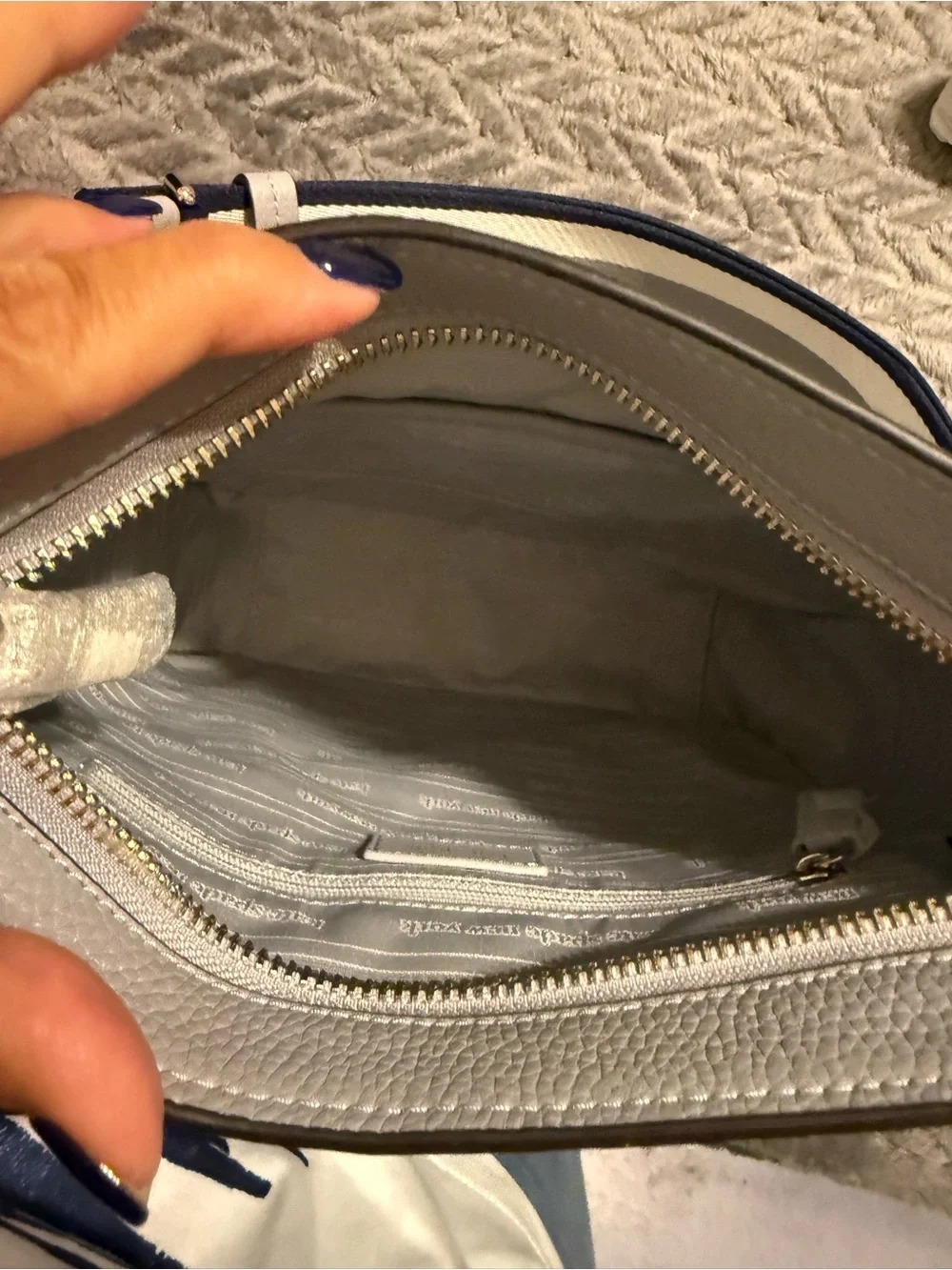 kate spade Light Gray Pebbled Leather Crossbody with Striped Strap